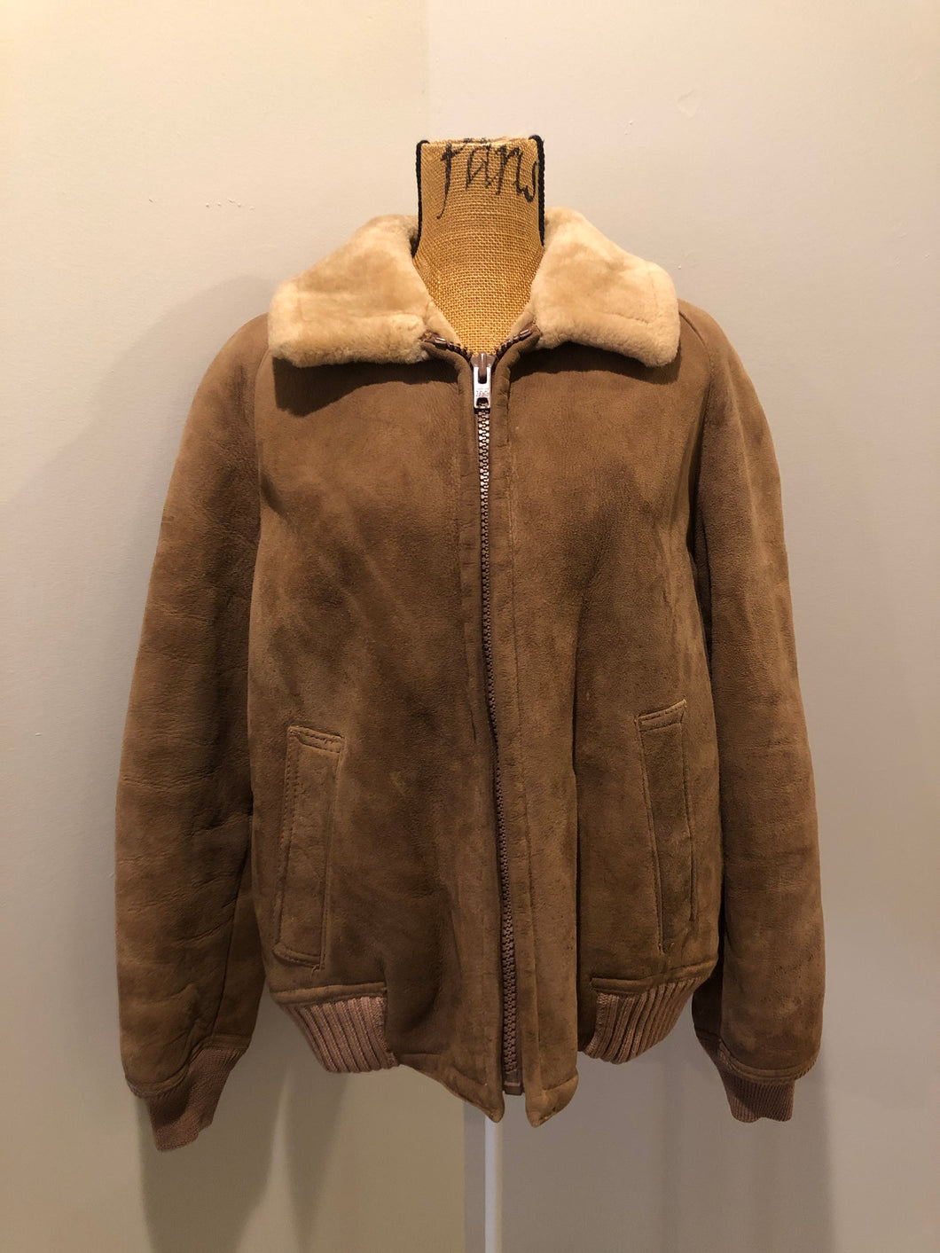 Kingspier Vintage - Sawyer of Napa deerskin bomber jacket with shearling collar and lining, knit trim, zipper closure and slash pockets. Made in the USA. Size 44.
