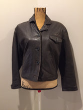 Load image into Gallery viewer, Kingspier Vintage - Blueline and Company dark brown leather jacket with button closures, slash pockets and one flap pocket on the chest. Size small.
