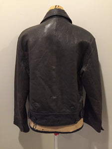 Kingspier Vintage - Blueline and Company dark brown leather jacket with button closures, slash pockets and one flap pocket on the chest. Size small.