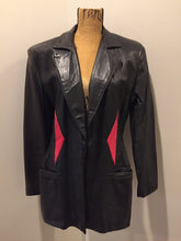 Load image into Gallery viewer, Kingspier Vintage - Cito Leather black leather jacket with red diamond pattern, welt pockets and princess seams. Size 7.

