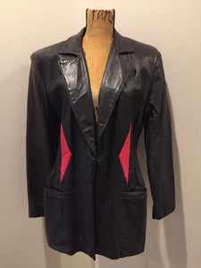 Kingspier Vintage - Cito Leather black leather jacket with red diamond pattern, welt pockets and princess seams. Size 7.