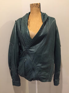 Kingspier Vintage - Leather Factory forest green 1980’s leather jacket with unique shall collar, zipper and vertical pockets, Size XS.