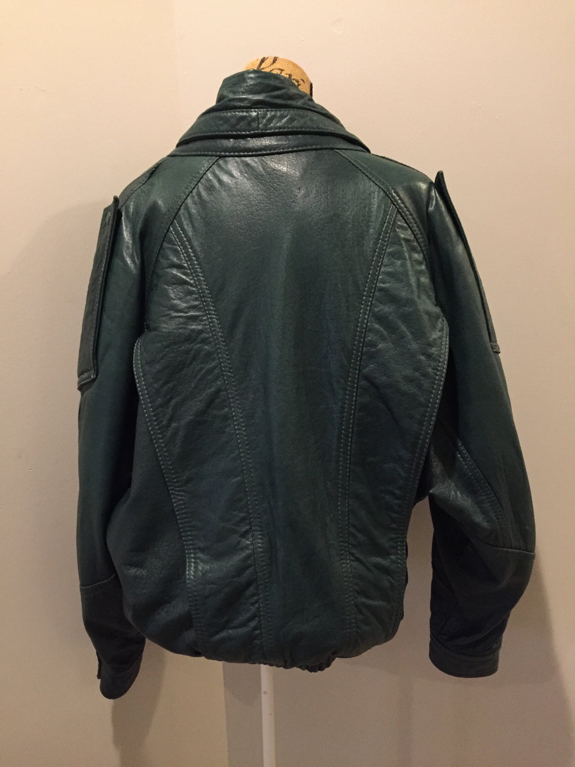 Kingspier Vintage - Leather Factory forest green 1980’s leather jacket with unique shall collar, zipper and vertical pockets, Size XS.