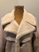 Load image into Gallery viewer, Kingspier Vintage - Dave Epstein “Rice Sportswear” beige suede coat with shearling trim and lining, button closures and patch pockets. Made in Canada.
