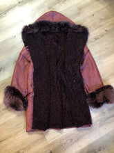 Load image into Gallery viewer, Kingspier Vintage - Wine coloured shearling coat with fox fur trim and shearling lining, copper colour button closures and slash pockets.
