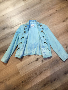 Kingspier Vintage - LAL “Live A LIttle” light teal suede jacket with hidden hook closures, brass grommets running down the front, two zip slash pockets and a small belt at the back. Size large.
