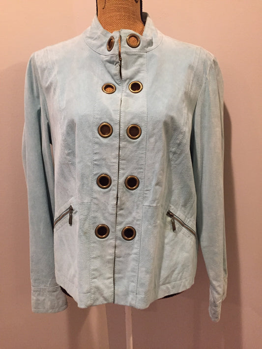 Kingspier Vintage - LAL “Live A LIttle” light teal suede jacket with hidden hook closures, brass grommets running down the front, two zip slash pockets and a small belt at the back. Size large.