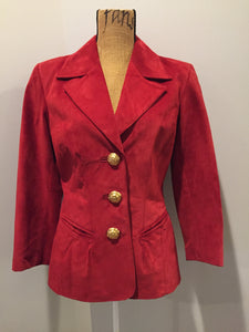Kingspier Vintage - Danier red suede jacket with fitted silhouette, three gold decorative buttons and two slanted welt pockets. Size small.