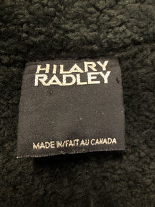 Hilary Radley green shearling coat with button closures and patch pockets. Made in Canada.