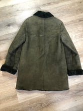 Load image into Gallery viewer, Hilary Radley green shearling coat with button closures and patch pockets. Made in Canada.
