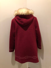 Load image into Gallery viewer, Kingspier Vintage - Sears pure virgin wool northern style parka in raspberry red. This parka features a hood with white faux fur trim, zipper closure, quilted lining, vertical pockets, hidden elastic in the lining at the wrist to keep out cold air, felt deer design appliqués on the front. Made in Canada.
