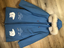 Load image into Gallery viewer, Kingspier Vintage - Northern Sun pure virgin wool northern parka in light blue. This parka features a hood with white fur trim, zipper closure, quilted lining, slash pockets, hidden inside knit cuffs, embroidered polar bear design on the front and back. Made in Canada.
