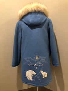 Kingspier Vintage - Northern Sun pure virgin wool northern parka in light blue. This parka features a hood with white fur trim, zipper closure, quilted lining, slash pockets, hidden inside knit cuffs, embroidered polar bear design on the front and back. Made in Canada.