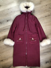 Load image into Gallery viewer, Kingspier Vintage - Pink Northern parka with wool blend lining, hood and sleeves with white fur trim, fur Pom poms, zipper closure, patch pockets, canoe design embroidered on the front pockets. Made in Canada. 
