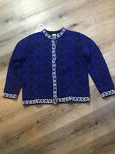 Load image into Gallery viewer, Kingspier Vintage - LL Bean blue and black nordic style cardigan with white and blue patterned trim and silver buttons. Size large.
