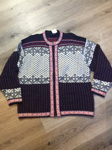 Kingspier Vintage - Norwegian design cardigan in navy blue, red and white, with zipper. Size large.