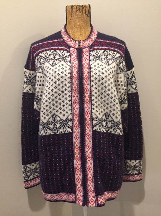 Kingspier Vintage - Norwegian design cardigan in navy blue, red and white, with zipper. Size large.