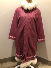 Load image into Gallery viewer, Kingspier Vintage - “Styles North” pink northern parka with removable outer shell featuring a hood with white fur trim, zipper closure, lining, patch pockets, felt warrior appliqué design on the front and back. Made in Canada. 
