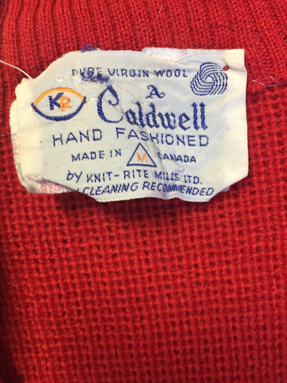 Kingspier Vintage - Vintage Caldwell Knit Rite Mills hand-fashioned cardigan in red with zipper and pockets. Made in Canada.