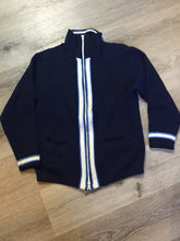 Load image into Gallery viewer, Kingspier Vintage - Vintage wool zip up cardigan in blue with white stripe trim, zipper closure and pockets. Made in Alberta. Size large.
