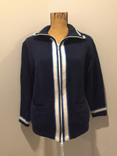 Load image into Gallery viewer, Kingspier Vintage - Vintage wool zip up cardigan in blue with white stripe trim, zipper closure and pockets. Made in Alberta. Size large.
