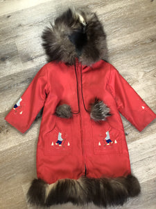 Kingspier Vintage - Children’s red northern parka featuring a hood, fur trim and pom poms, zipper closure, wool lining, patch pockets, embroidered winter scenes along the front. Made in Canada.