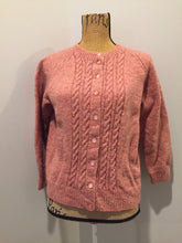 Load image into Gallery viewer, Kingspier Vintage - Hand Knit 100% wool cardigan in pink with cable knit stitch panel running down the center front. Size XS/S.
