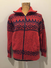 Load image into Gallery viewer, Kingspier Vintage - LL Bean cardigan in rust with navy blue design, zipper closure and vertical pockets. Made in the USA. Size medium (women).
