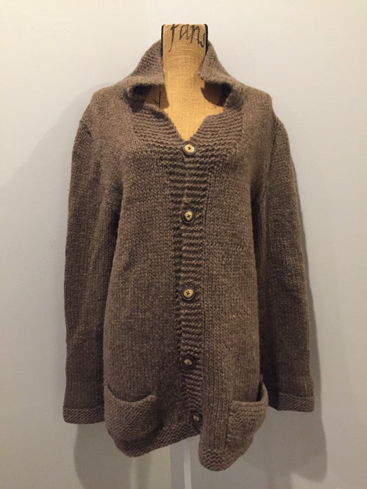 Kingspier Vintage - Hand knit and handspun undyed wool cardigan in brown with button closures and pockets. Made in Nova Scotia, Canada.