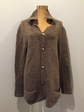 Load image into Gallery viewer, Kingspier Vintage - Hand knit and handspun undyed wool cardigan in brown with button closures and pockets. Made in Nova Scotia, Canada.
