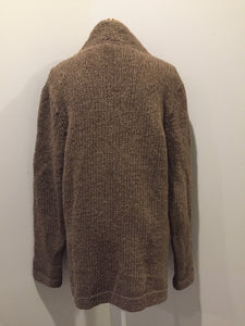Kingspier Vintage - Hand knit and handspun undyed wool cardigan in brown with button closures and pockets. Made in Nova Scotia, Canada.