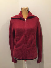 Load image into Gallery viewer, Kingspier Vintage - Roots Angora cardigan in red with zipper and slash pockets. Size small.
