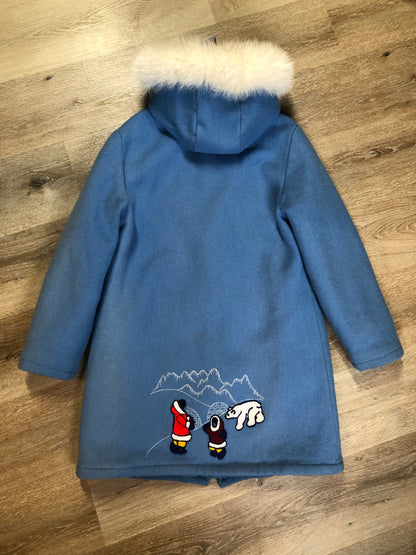 Kingspier Vintage - Northern Sun light blue pure virgin wool northern parka featuring a hood with white fur trim, zipper closure, quilted lining, slash pockets, hidden knit cuffs and arctic life design felt appliqué on the front and back. Made in Canada.