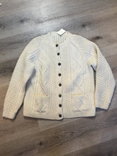 Load image into Gallery viewer, Kingspier Vintage - Vintage hand knit honeycomb and diamond stitch cardigan in white with crew neck, button closures and patch pockets. Size medium.
