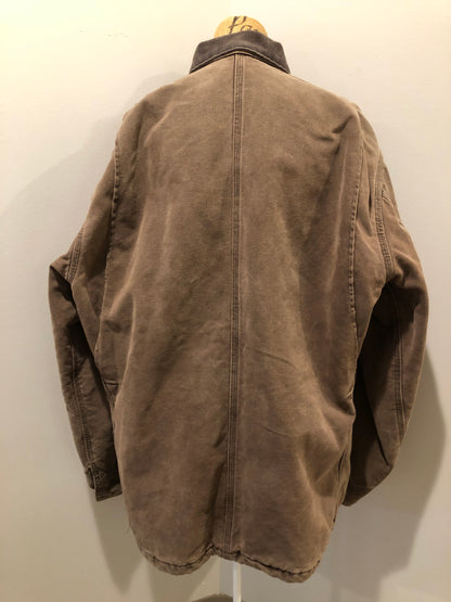 Kingspier Vintage - Carhartt brown chore jacket with brown corduroy collar, button closures, four patch pockets and a felted wool inside lining. Size XL