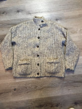 Load image into Gallery viewer, Kingspier Vintage - Mr. Poodle undyed pure wool cardigan with button closures, patch pockets and unique collar. Made in Yarmouth, Nova Scotia. Size medium.
