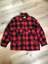 Load image into Gallery viewer, Kingspier Vintage - Sigal red wool blend lumberjack shirt with button closures, two flap pockets, two slash pockets. Made in Canada. Size large.
