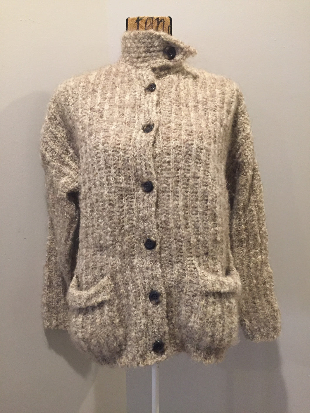 Kingspier Vintage - Mr. Poodle undyed pure wool cardigan with button closures, patch pockets and unique collar. Made in Yarmouth, Nova Scotia. Size medium.