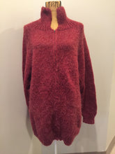 Load image into Gallery viewer, Kingspier Vintage - Raspberry red cardigan with zipper closure. Fibres are unknown. Size large.
