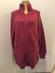 Kingspier Vintage - Raspberry red cardigan with zipper closure. Fibres are unknown. Size large.