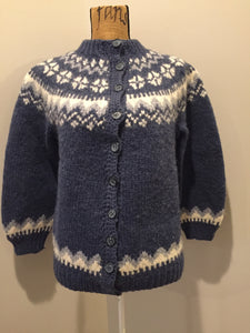 Kingspier Vintage - Preshrunk wool, hand knit Lopi cardigan in blue and white with button closures. Size XS,