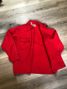Kingspier Vintage - Soo Wool vibrant red lumberjack shirt with button closures and two flap pockets on the chest. Made in the USA.