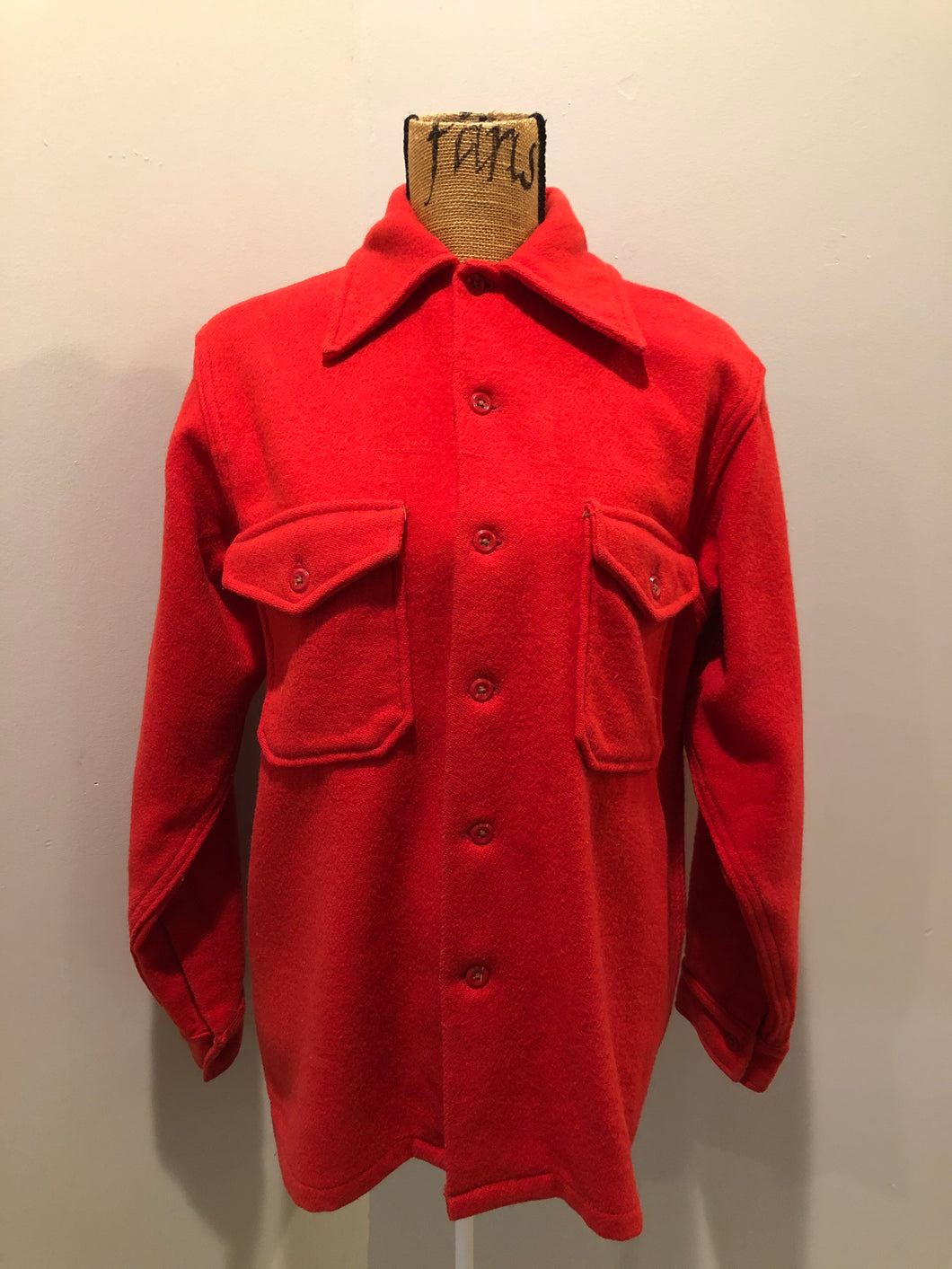 Kingspier Vintage - Soo Wool vibrant red lumberjack shirt with button closures and two flap pockets on the chest. Made in the USA.