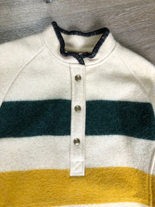Kingspier Vintage - Woolrich 1970's wool half snap blanket sweater with green. red and yellow stripe. This sweater features half snap closures and a pouch pocket in the front.
