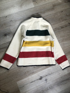 Kingspier Vintage - Woolrich 1970's wool half snap blanket sweater with green. red and yellow stripe. This sweater features half snap closures and a pouch pocket in the front.