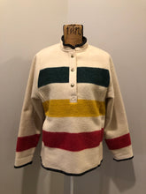 Load image into Gallery viewer, Kingspier Vintage - Woolrich 1970&#39;s wool half snap blanket sweater with green. red and yellow stripe. This sweater features half snap closures and a pouch pocket in the front.
