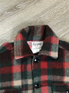 Kingspier Vintage - Regent wool blend lumberjack shirt in green, brown and red plaid with button closures and two flap pockets on the chest. Made in Canada.