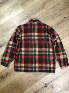 Kingspier Vintage - Regent wool blend lumberjack shirt in green, brown and red plaid with button closures and two flap pockets on the chest. Made in Canada.
