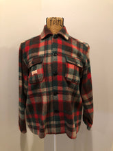 Load image into Gallery viewer, Kingspier Vintage - Regent wool blend lumberjack shirt in green, brown and red plaid with button closures and two flap pockets on the chest. Made in Canada.
