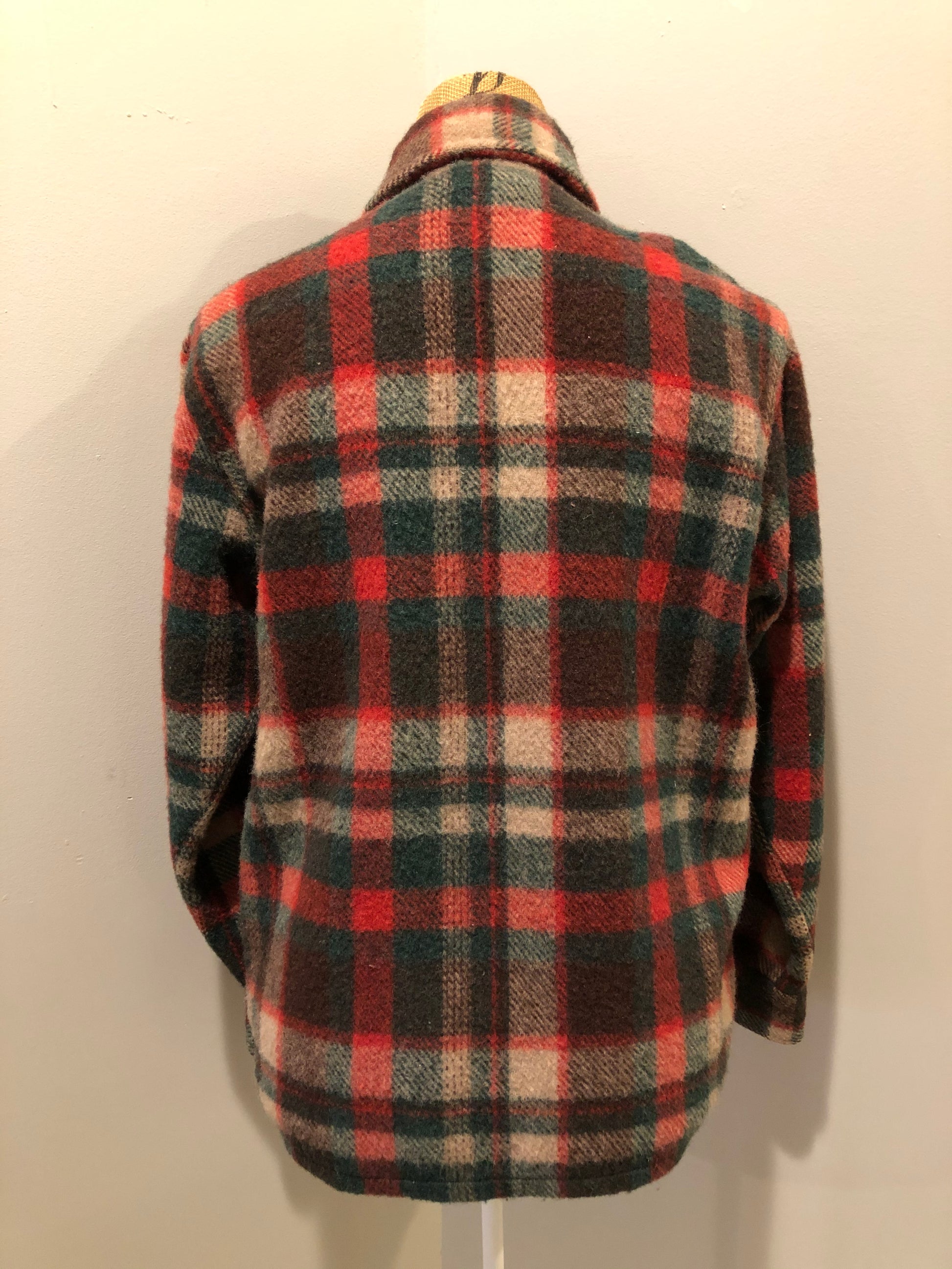 Kingspier Vintage - Regent wool blend lumberjack shirt in green, brown and red plaid with button closures and two flap pockets on the chest. Made in Canada.